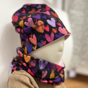 Caciulă beanie și Fular reversibil din bumbac – Hearts